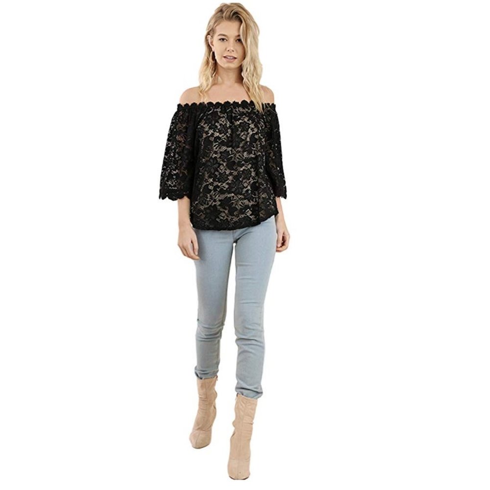Umgee Off Shoulder 3/4 Sleeve Lace Tunic